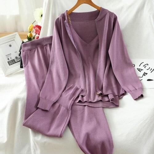 2020 New Autumn Winter Fashion Knitted Sweater Suit Casual Cardigan Jacket Bottoming Vest + Harem Pants Three-Piece Sets