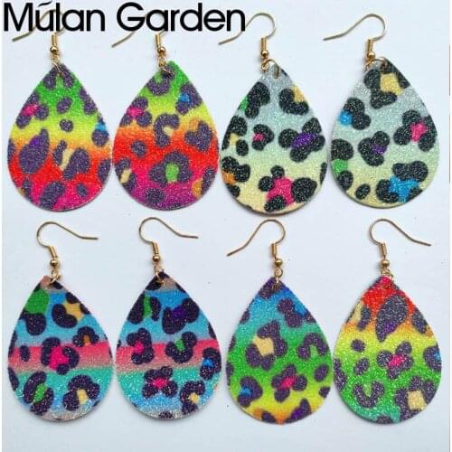 M&G Color Leopard Glitter Leather Earrings Tie Dye Double Layers Waterdrop Gradient Earrings Girl Gift Eye Catching Jewelry