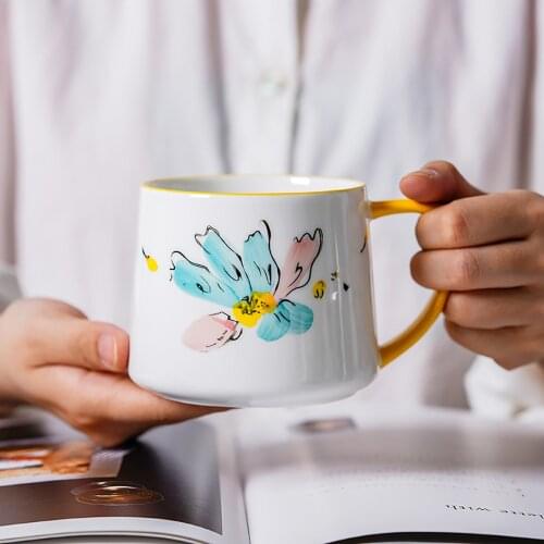 Cute Hand-Painted Ceramic Breakfast Cup 320ml Cartoon Flowers Pattern Milk Oat Coffee Mug Underglaze Pottery Cups for Home Gift