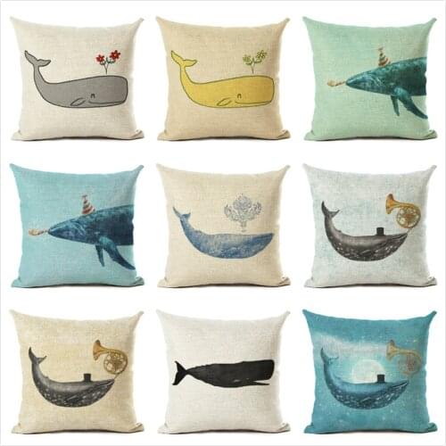 Cute Sea Animal Whale Cushion Cover Creative Whale Cotton Linen Pillow Case Jellyfish Decorative Pillowcase Home Cushion Cover