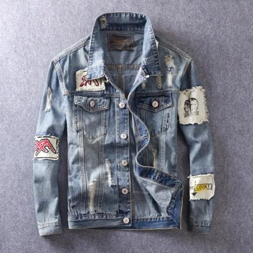American Streetwear Fashion Men Jacket Blue Color Retro Washed Patchwork Hip Hop Jacket Men Destroyed Ripped Denim Jacket hombre