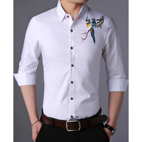 Man Leisure Embroidery Shirts Long Sleeve Floral Dresses Male Casual Birds Pattern Clothes Free Shipping