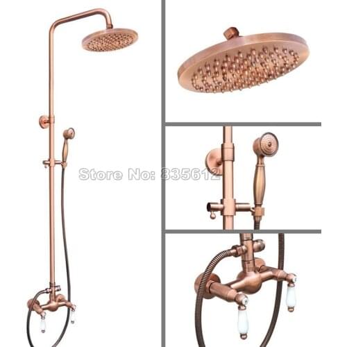 Antique Red Brass 8 inch Shower Head Rain Shower Faucet Set with Handheld Shower & Dual Handles Mixer Taps Wall Mount Wrg583