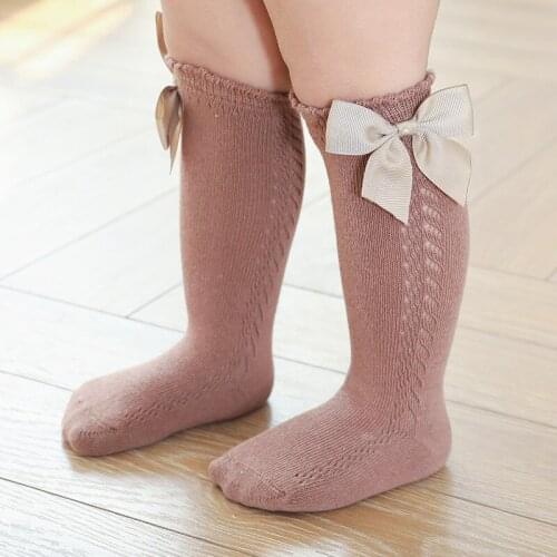 Cute Bows Baby Socks Summer Mesh Kids Girl Knee High Socks Breathable Hollow Solid Color Infant Toddler Long Socks