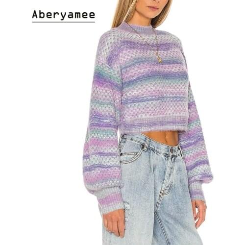 Aberyamee 2021 New Women Autumn Tie-dyed Pullovers Long Latern Sleeve Knit Wear Fashion Leisure Fresh Sweety Strip Ladys Blouse