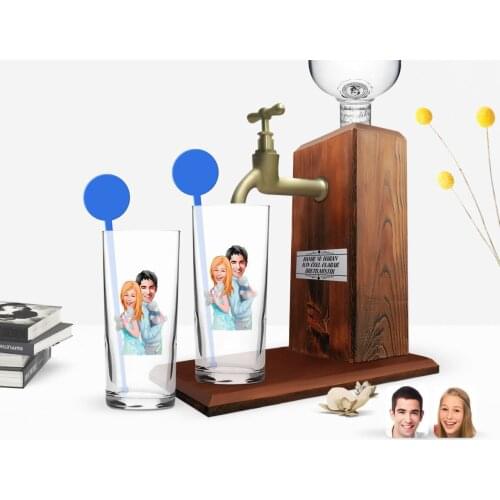 Personalized Colorful Printed Valentine Caricature Of Dual Vodka cup And Wood Vodka Stand Gift Seti-87