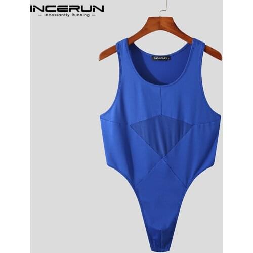 INCERUN Men Pajamas Bodysuit O Neck Sleeveless Patchwork Rompers Brief Homewear Cozy Fitness Sexy Underwear Men Bodysuits S-5XL