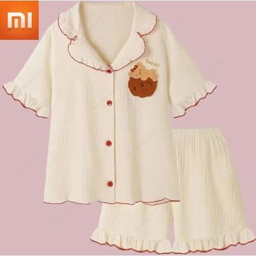 Xiaomi Summer Print Pajamas Set Women Cartoon Single Breasted Shirts Shorts Set Casual Cotton Home Suit Pockets Bear