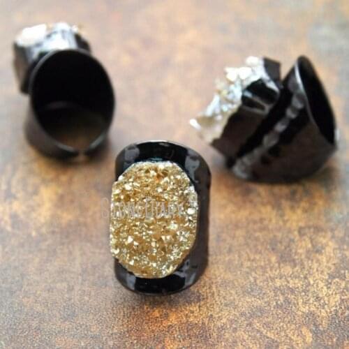 RM15303 5Pcs Titanium Peach Druzy Crystal Ring Gunmetal Plated Irregular Shape Ring Adjustable