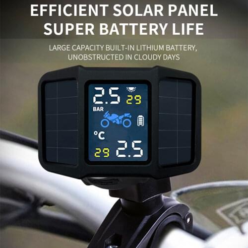 Real-time Display Solar Power TPMS With 2 External Sensor Motorcycle Tire Pressure Monitoring System Pressure Temperature Alarm