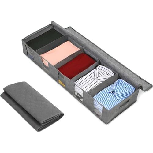 Foldable Dustproof Clothes Storage Boxes Under Bed Clothes Item Storage Containers With 5 Girds adn Visible Clear Window Gray