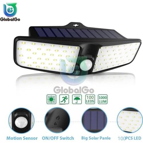 100 LED Solar Light Outdoor Waterproof Double Head Solar Sunlight Powered Lamp PIR Sensor Wall Light for Home Garden Pool Decor