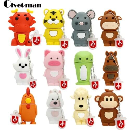 USB Flash Drive 128G Chinese Zodiac Animal Chicken Rabbit Cle Usb Tiger Monkey 8GB 16GB 32GB 64GB USB Memory Stick 256G Pendrive
