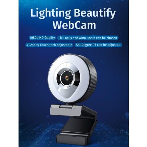 Web Camera Auto Focus Ring Beautify Fill-in Lighting Video Webcam HD 1080P Live Broadcast Mic USB 3 Grades Touch Brightness