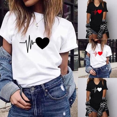 Women 2020 Clothes Top Womens Loose Short-Sleeved Heart Print T-Shirt Casual black top New Arrival free shipping elegant kawaii