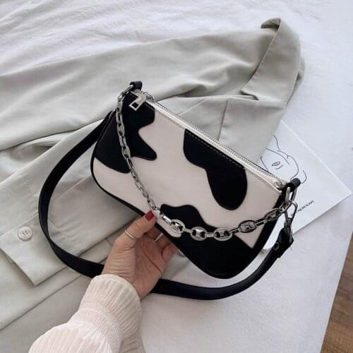 Fashion Women Hobos Handbag Milk Cow Pattern PU Leather Ladies Chain Shoulder Messenger Bags Simple Female Purse Armpit Bag