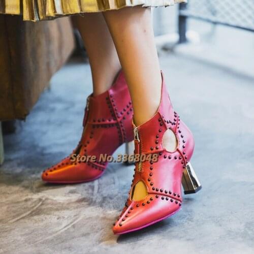 2020 Rivet Block High Heel Sandals Booties Sexy Pointed Toe Rome Genuine Leather Shoes Cut Out Zipper Ankle Booties Runway Shoes