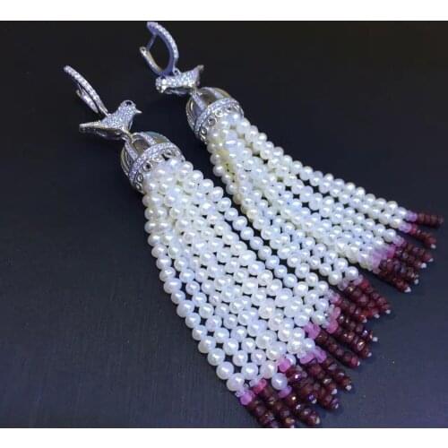 Long tassels earring natural fresh water pearl drop earring 925 sterling silver fine women jewelry birds earring party earring