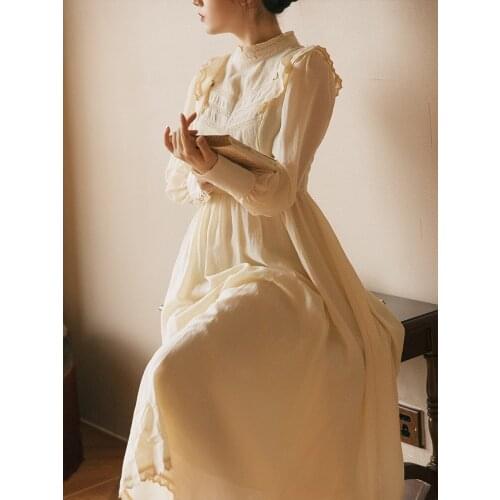 Retro Royal Style Lady Dress Vintage Mori Girl Lantern Sleeve Stand Collar Elegant Woman Maxi Dresses Vestido Manga Larga