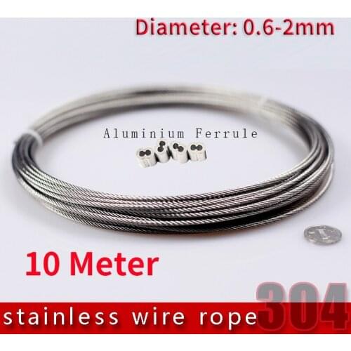 10m 7*7 0.6mm 0.8mm 1mm 1.2mm 1.5mm 2mm 304 Stainless Steel Rope wire rope Clothesline Soft Fishing Lifting Cable