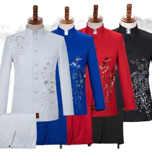 Stand collar blazer men Chinese tunic suit set with pants mens wedding suits singer stage Sequin embroidery formal dress B383