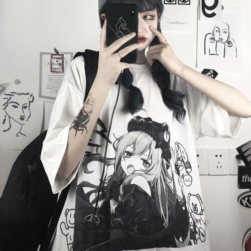 Harajuku Japanese Cotton White Tshirt Woman Summer 2021 Loose Quadratic Element Anime Cartoon Print Oversize Plus Size Tops