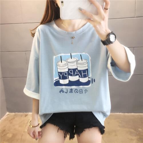 Korean style oversize T Shirt summer Women Short Sleeve Casual letter printed t-shirts girls tshirt Loose cotton streetwear tops