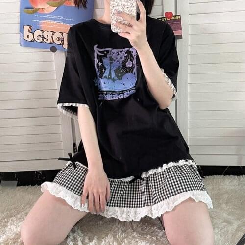 Japanese Lace Short-Sleeved T-Shirt Stitching Loose Oversized Womens Top Princess Cartoon Printing Casual Student Clothing