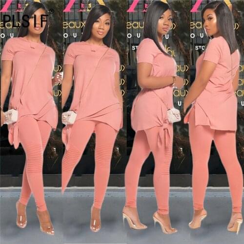 Simple pure color o neck short sleeve top and pants 2 pieces set office lady fashion casual lady fashion tracksuits