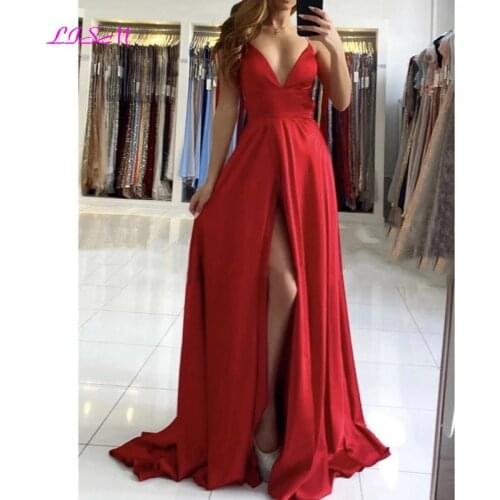 Red High Slit Prom Dresses Elegant A-Line Evening Dress Sexy Backless Long Graduation Gowns Formal Dress