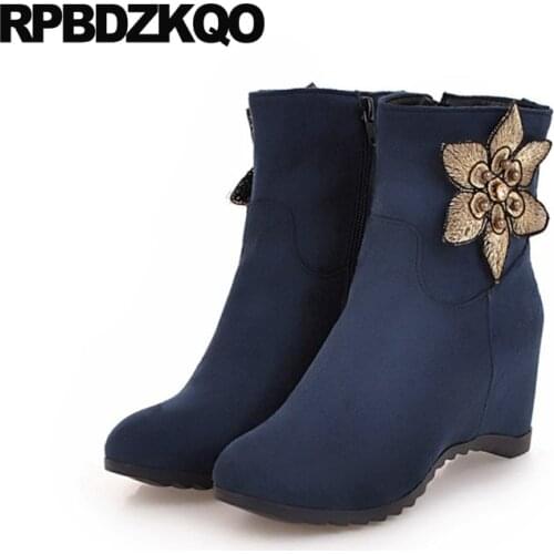 Round Toe Big Size Ankle Short Women Winter Flower High Heel Navy Blue 2021 10 Side Zip Boots 12 44 Hidden Cheap Shoes Suede