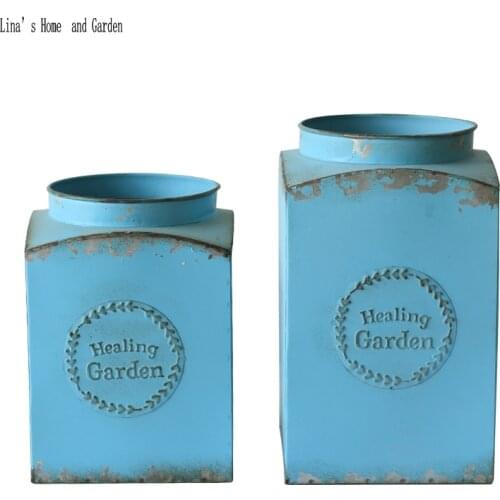 Square blue handmade retro vintage metal vase