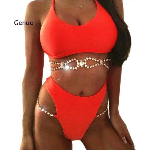 Hot Sale Swimwear Women New Rhinestone Swimsuit Female Swimwear Solid Color Metal Chain Bandage High Waist Swimsuit