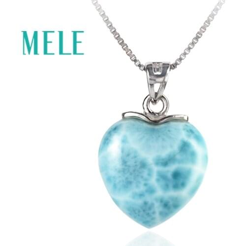 MELE Natural blue Larimar sterling 925 silver pendant for women and man,15mm heart shape Romantic and simple style fine jewelry