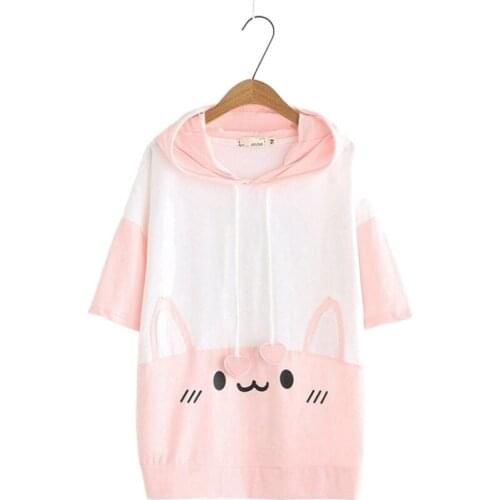 Cartoon Print Cute Hoodies Sweatshirts With Horns On Hooded Women 2020 Spring Short Sleeve Patchwork Tracksuits Cotton Pullovers