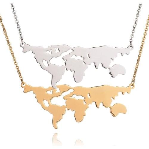 Fashion Outdoor Necklace Stainless Steel World Map Necklace for Wanderlust Pendants Women Travel Jewelry Gift for Best Friends