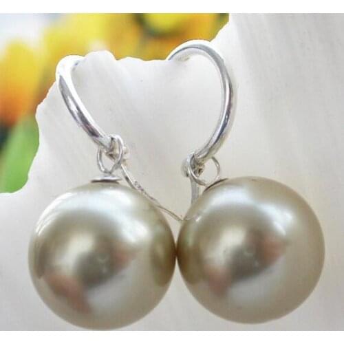 New Arrival Favorite Pearl Jewelry 16mm Golden Round Sea Shell Pearl Silver Hook Dangle Earrings Charming Lady Gift