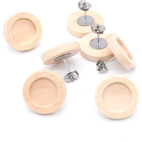20pcs Blank Wood Cabochon Earring Base High Quality Stainless Iron Earring Studs(with Ear Plug) Base,Fit 12mm Glass Cabochons