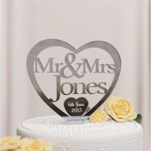 Heart Cake Decoration Custom Name and Date Cake Topper for Wedding Engagement Party Decor Acrylic Mirror Gold Silver Cake Stand