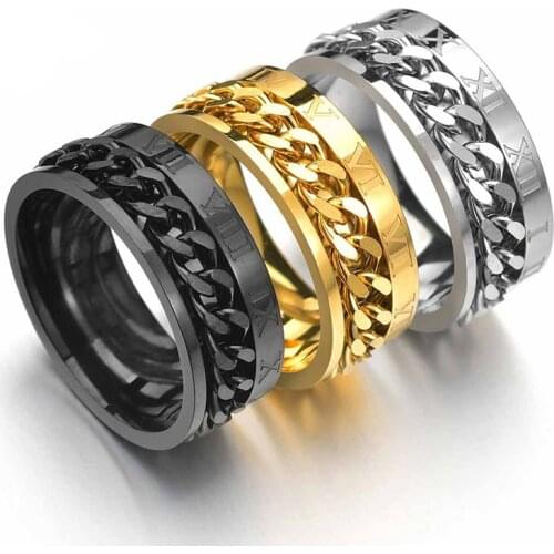 Punk Rock 8MM Black Gold Silver Color Stainless Steel Rotatable Chain Ring Roman Digital Band Mens Woman Couple Wedding Jewelry