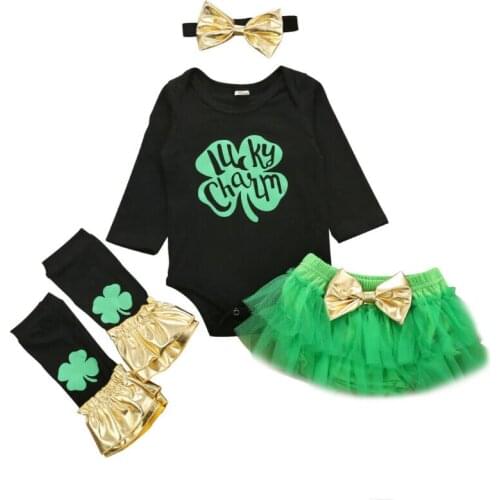 Dropshipping St Patricks Day Clover Baby Girl Clothes Tops Romper+Tulle PP Shorts Outfit