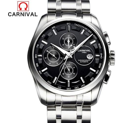Switzerland Brand Carnival Mens Sport Skeleton Automatic Wristwatches Stainless Steel Case Chronograph Male Clock Relogio Reloj