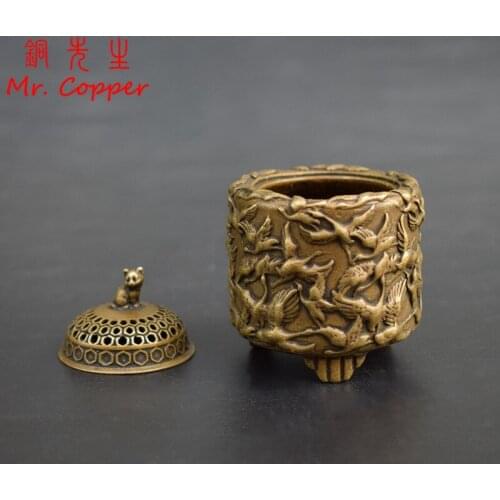 Vintage Copper Cranes Incense Burner With Cat Lid Chinese Traditional Feng Shui Figurines Miniatures Desktop Ornament Home Decor