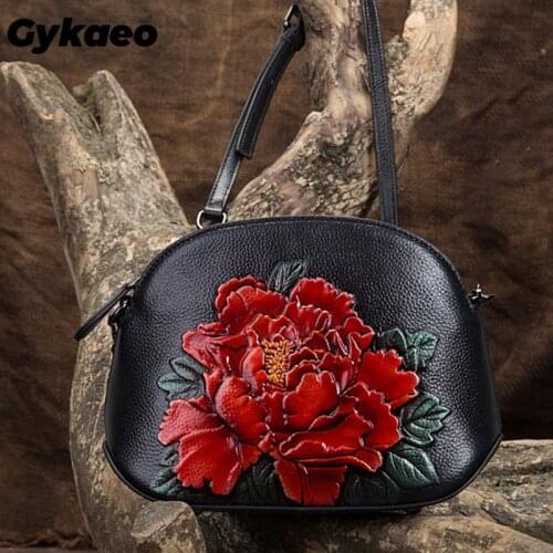 Genuine Leather Women Bags Cross Body Peony Pattern Shell Small Embossed Flower Tote Purse Chinese Style Messenger Shoulder Bag
