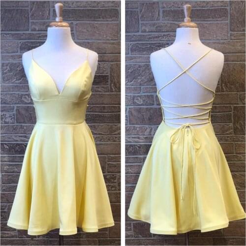 Light Yellow Homecoming Dress 2019 Hoco Gowns Short Prom Cocktail Party Dress A Line Spaghetti Neck Lace Up Back Order-to-Made