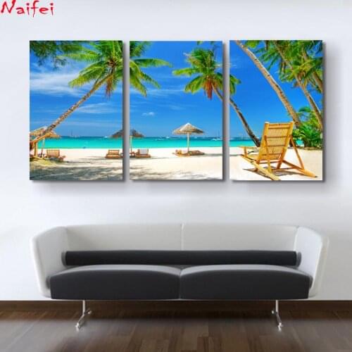 Triptych 5d Diamond Painting beach Full 3 Piece tropical seascape Diamond Embroidery Mosaic Rhinestone Pictures Art Home
