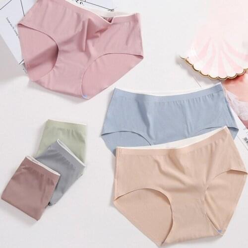 Women Ice Silk Intimates Solid Color Mid-Rise Briefs Seamless Comfortable Panties Sexy Lingerie Cotton Crotch Panties