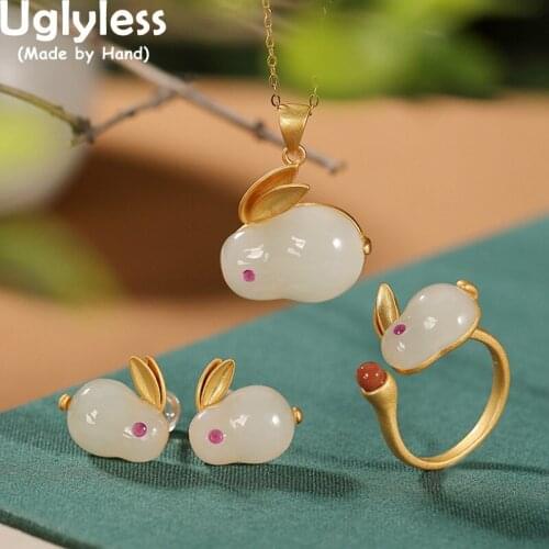 Uglyless Lovely Rabbit Necklaces for Women Creative Animals Jewelry Gold Natural Jade Bunny Pendants NO Chains 925 Silver Bijoux