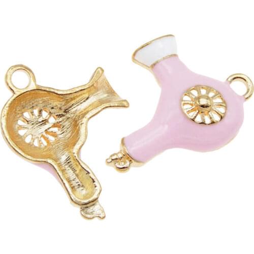 Julie Wang 6PCS Enamel Pink Hair Dryer Charms Alloy Gold Tone Tool Pendant Bracelet Jewelry Making Accessory