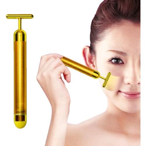 New 24K Gold T Bar Face Lifting V Shap Slimming Face Pulse Massager Stick Rids Skin Tightening Care Tool